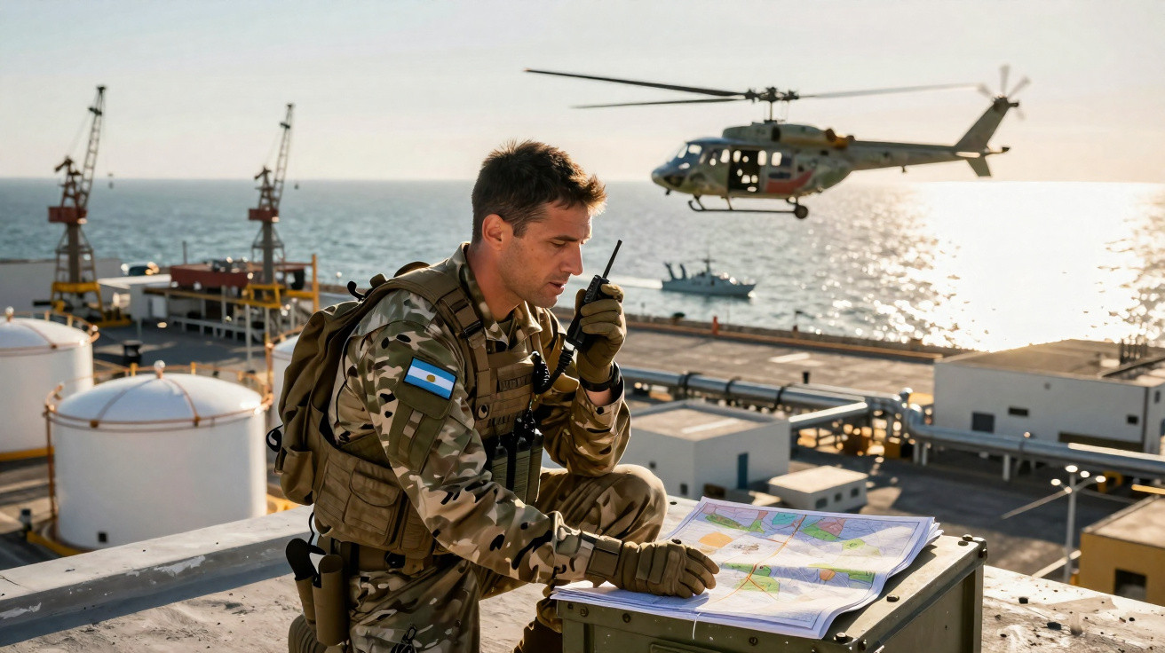 Militar com uniforme camuflado usando rádio e analisando mapa em plataforma industrial próxima ao mar, com helicóptero ao fun