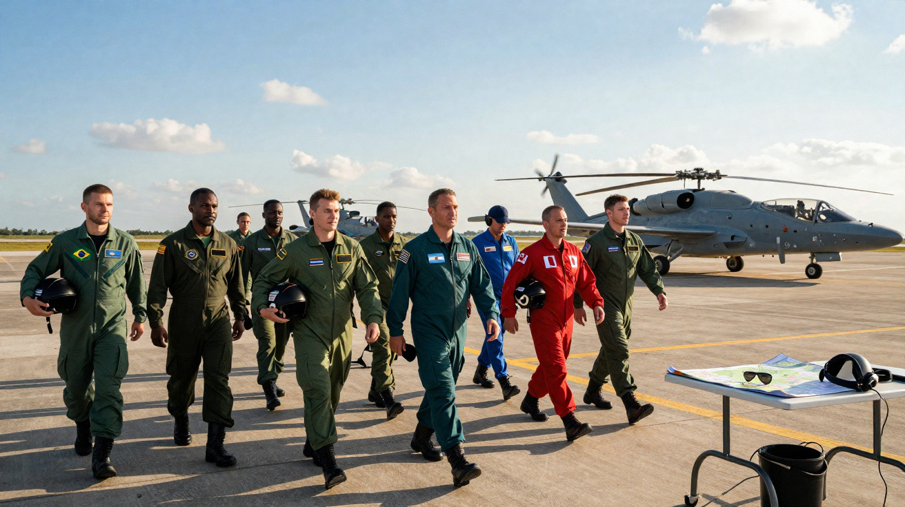 Grupo de militares em uniformes variados caminhando em pista com helicópteros ao fundo em dia claro.