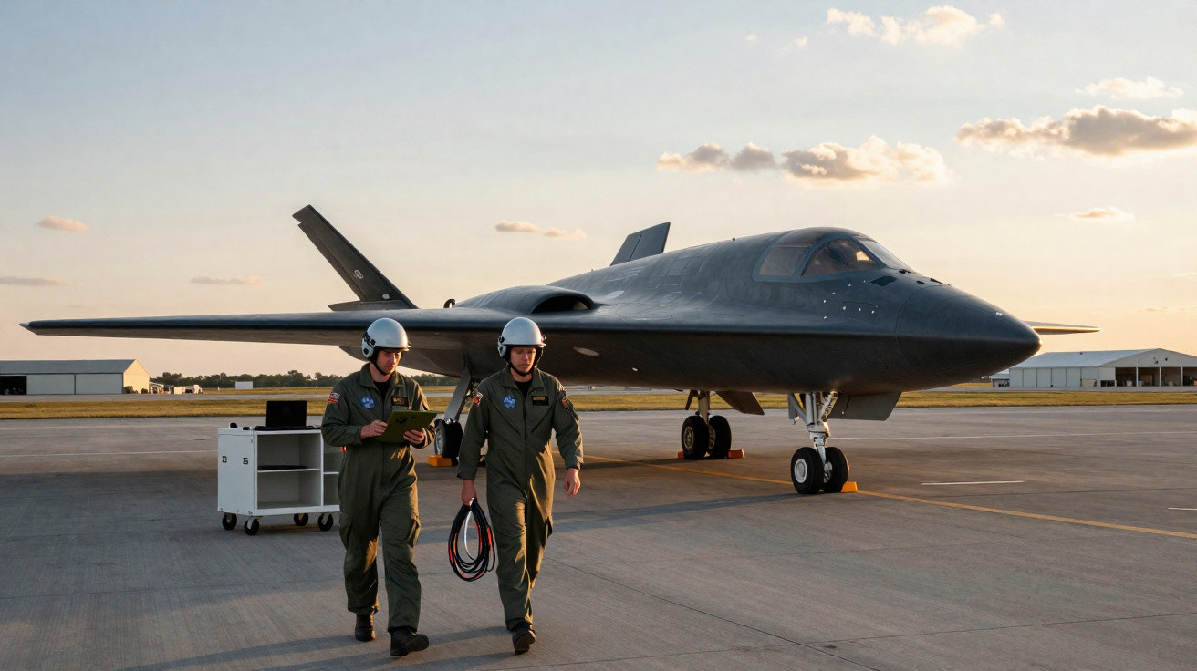 Dois militares com capacetes e uniformes verdes caminham próximo a avião militar furtivo preto em pista ao pôr do sol.