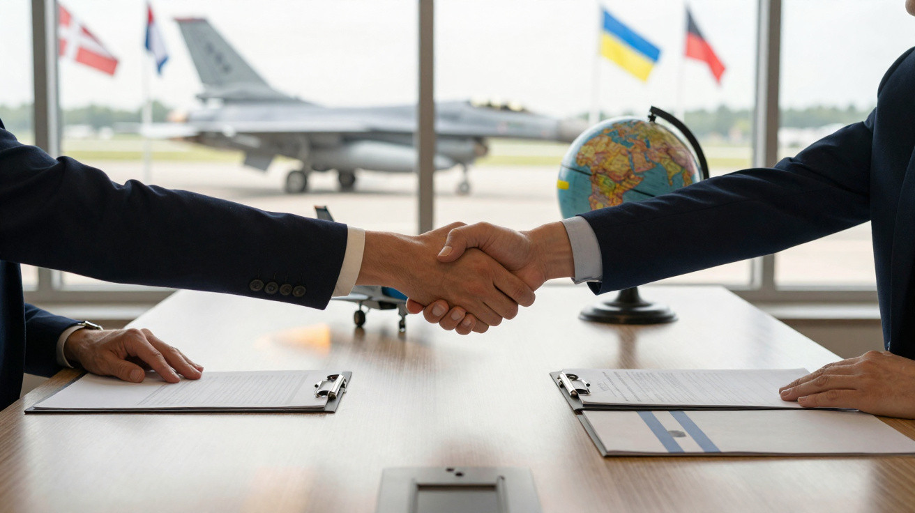 Duas pessoas em terno apertando as mãos sobre uma mesa com documentos, avião e globo ao fundo.