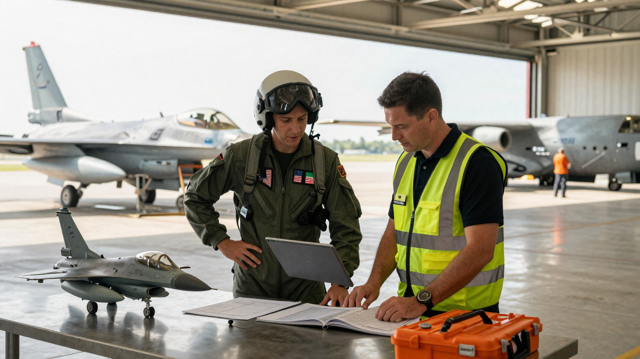 Piloto militar e técnico revisando documentos em hangar com jatos e equipamentos de aviação.