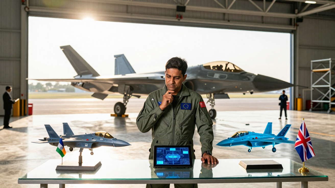 Piloto militar analisando planos de aviões de caça em miniatura em hangar com jato ao fundo.