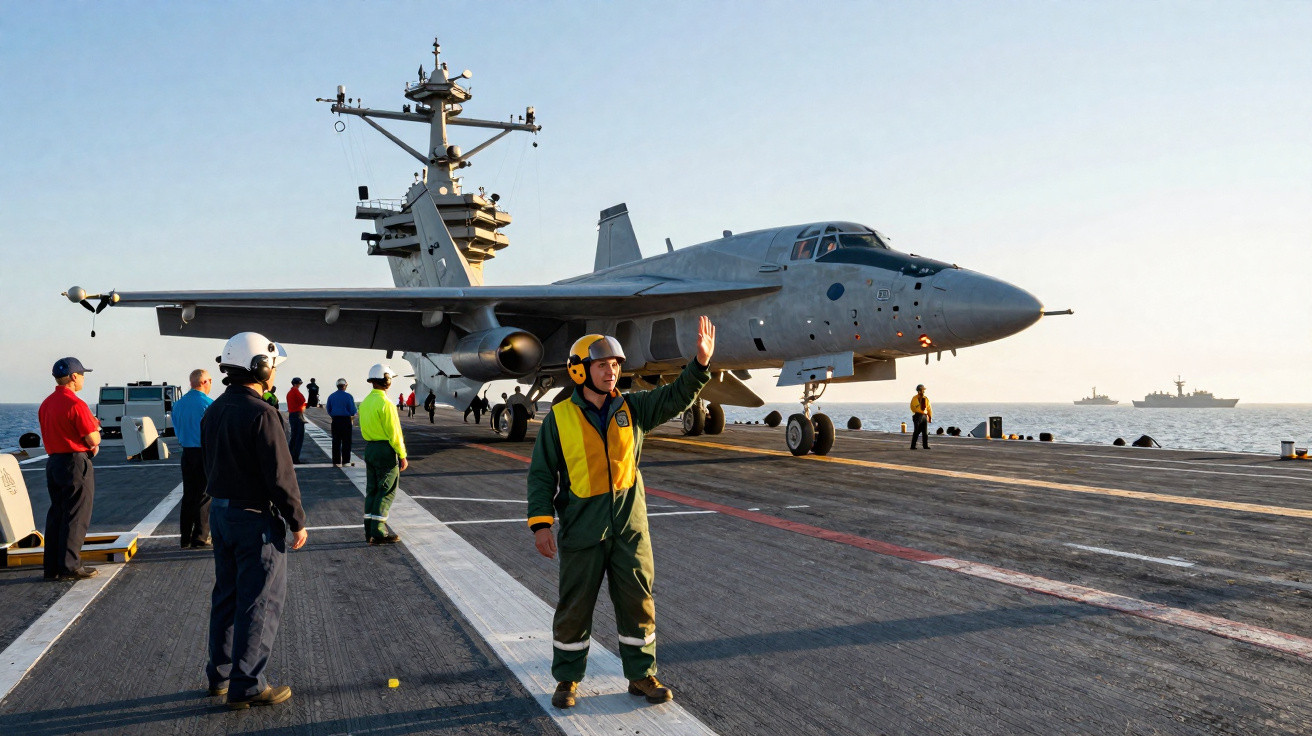 Pessoal da Marinha coordena pouso de avião militar em porta-aviões durante o pôr do sol no mar.