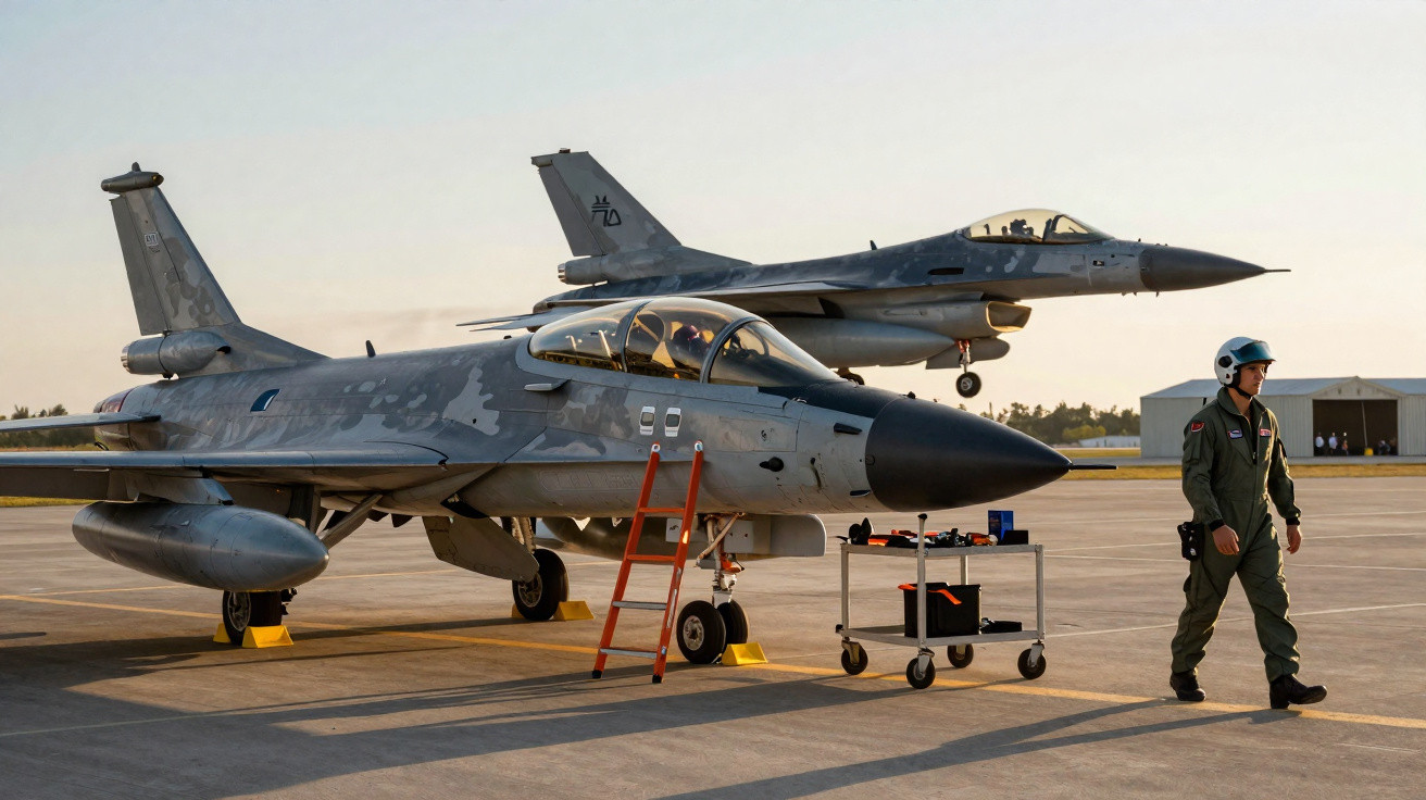 Caça militar estacionado em pista com escada e piloto caminhando próximo ao entardecer.