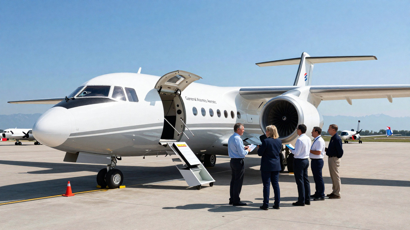 Avião particular branco estacionado no aeroporto com quatro pessoas em pé próximas à escada de embarque.