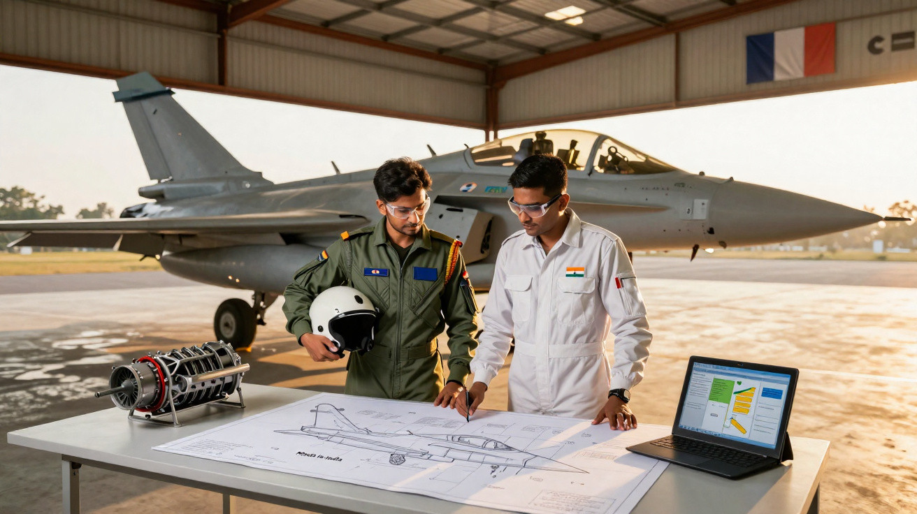 Dois engenheiros analisam projeto de avião militar em hangar com jato de caça ao fundo.