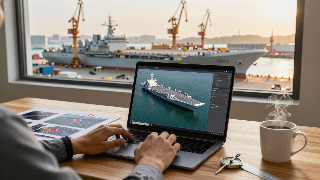 Pessoa usando laptop para visualizar modelo 3D de navio porta-aviões em escritório com navio real ao fundo.