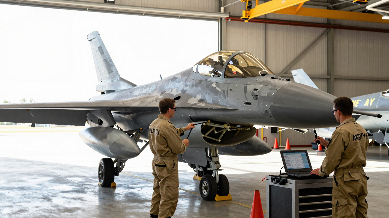 Dois técnicos inspecionam jato militar estacionado em hangar aberto em ambiente de manutenção.