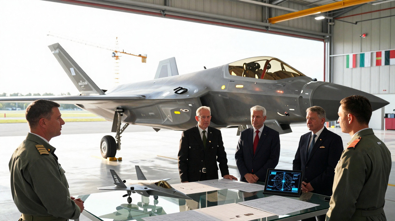 Cinco homens em reunião com modelo e caça F-35 em hangar de base aérea.