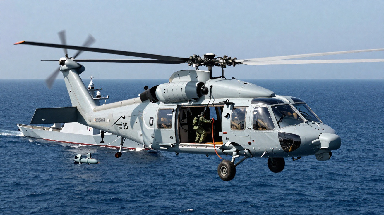 Helicóptero militar cinza voando sobre o mar com porta lateral aberta e soldado à vista.