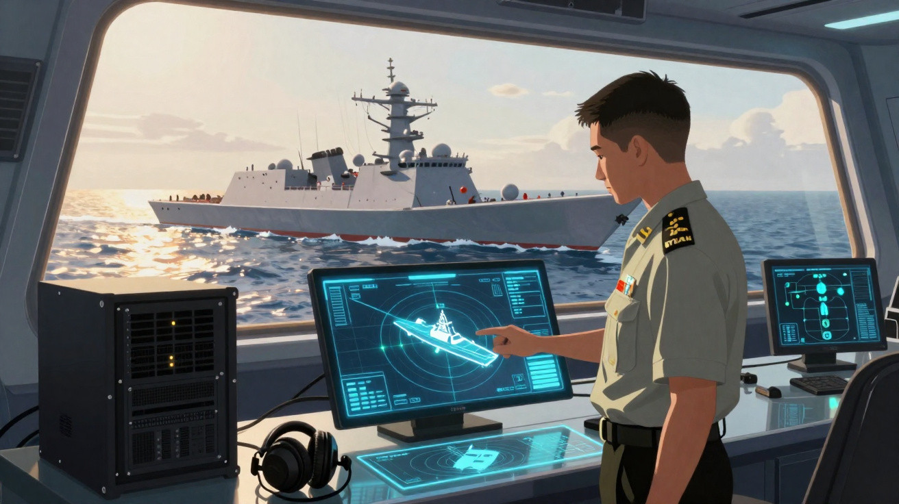 Oficial naval usando monitor com radar controlando navio de guerra visto pela janela marítima.