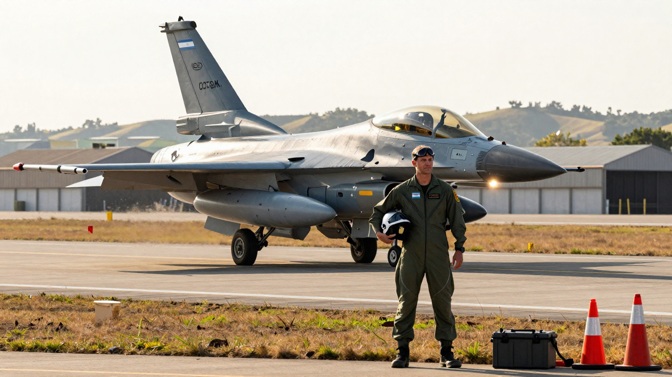 Piloto em uniforme verde com capacete na mão em frente a caça F-16 estacionada em pista de aeroporto militar.