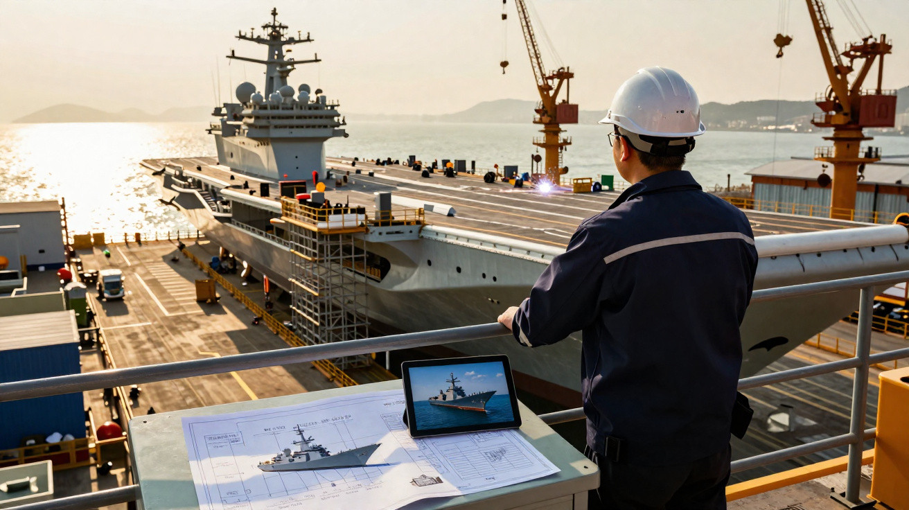 Engenheiro com capacete observa navio em doca com plantas e tablet na mesa ao pôr do sol.