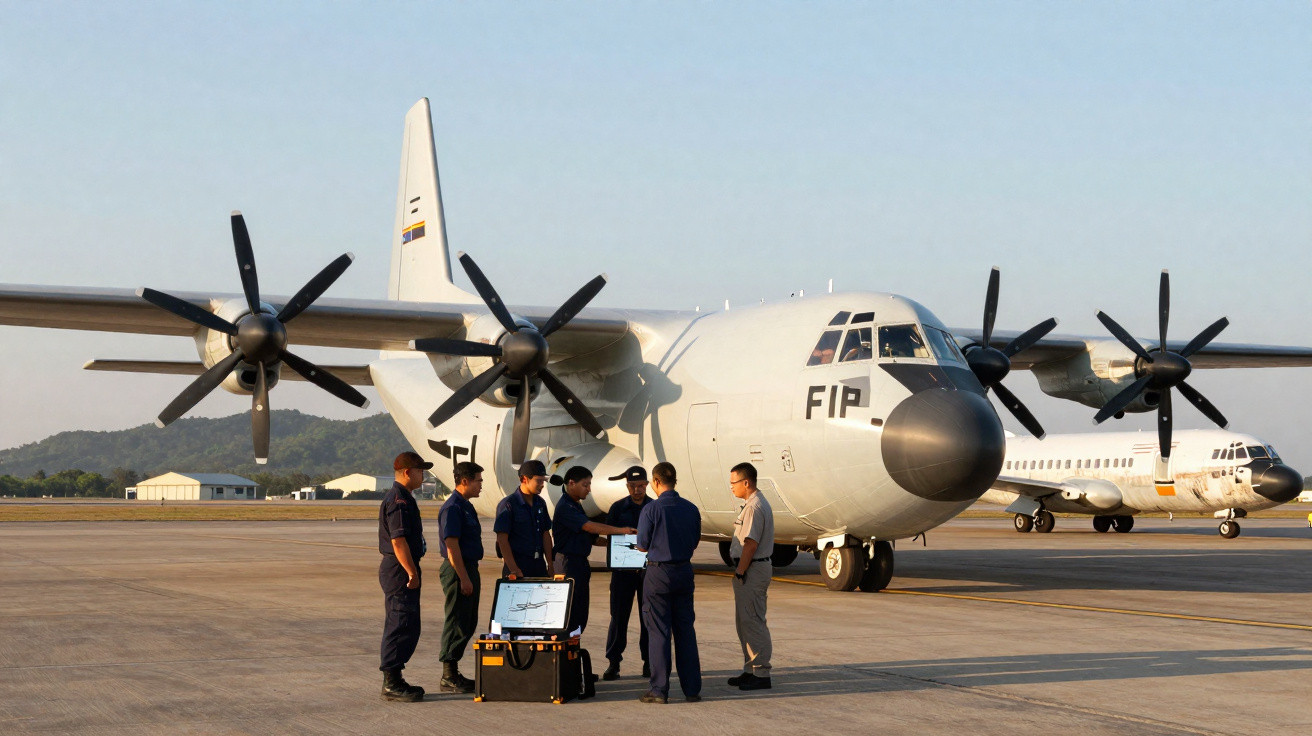 Militares reunidos ao lado de avião de transporte tático FIP em pista de aeroporto ao entardecer.