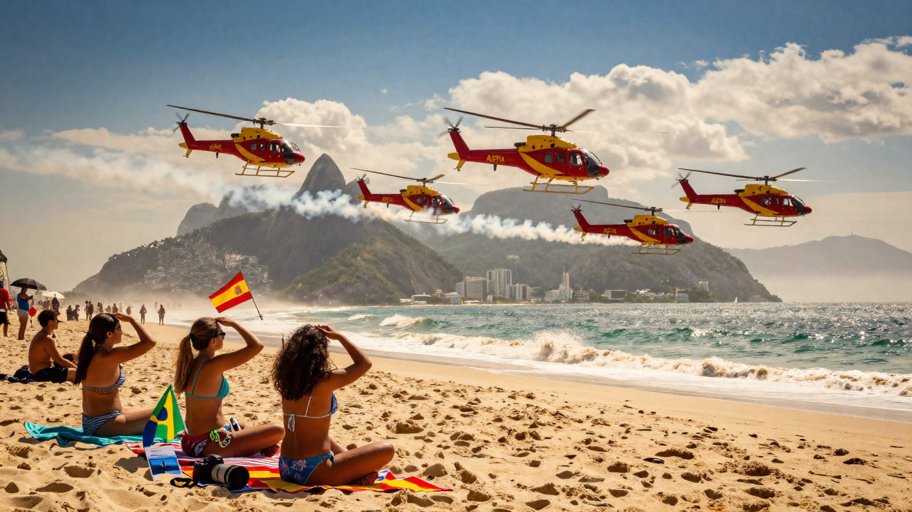 Pessoas na praia de Ipanema assistindo helicópteros da esquadrilha da fumaça sobrevoando Rio de Janeiro.