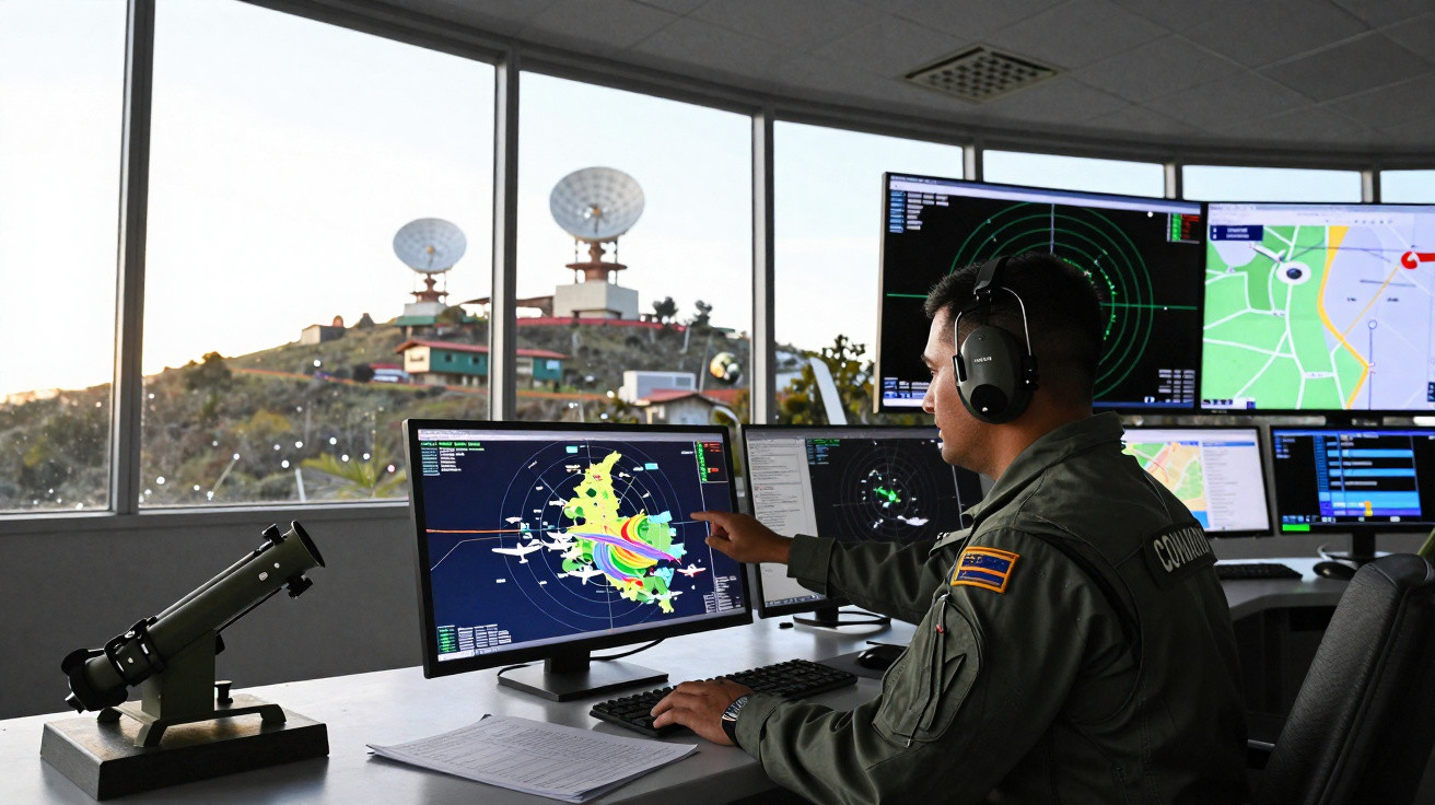 Militar monitora radares em centro de controle com vários monitores e equipamentos de comunicação.
