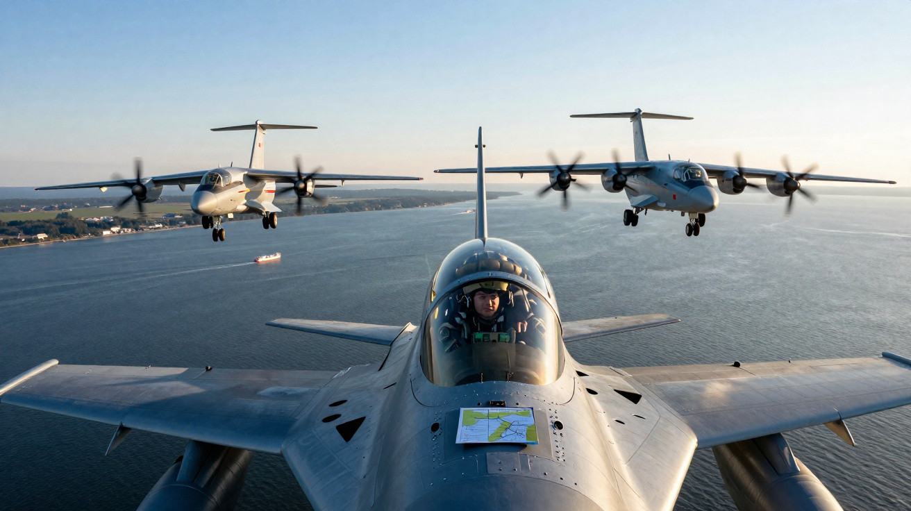 Três aviões militares voando em formação sobre um grande corpo d'água ao entardecer.