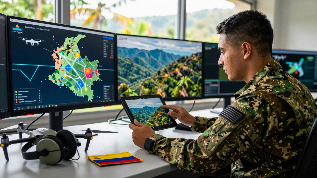 Militar em uniforme camuflado operando tablet e monitor com imagens de mapas e drones em estação de trabalho.