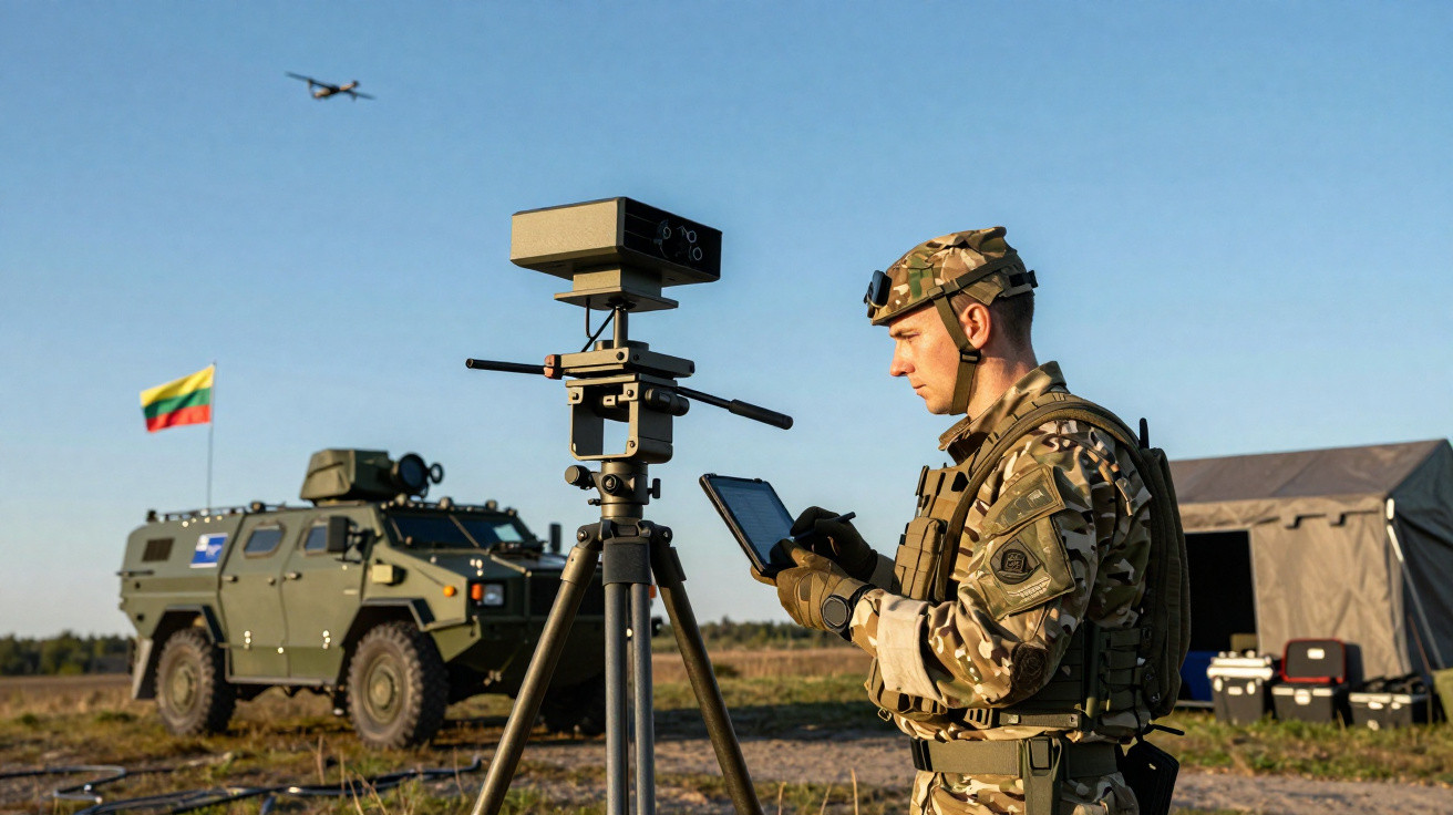 Soldado em uniforme camuflado operando equipamento tecnológico ao ar livre com veículo blindado e drone ao fundo.