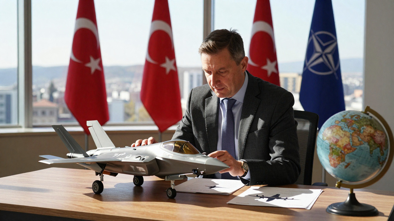 Homem em terno mexe em modelo de avião em escritório com bandeiras da Turquia e OTAN ao fundo.