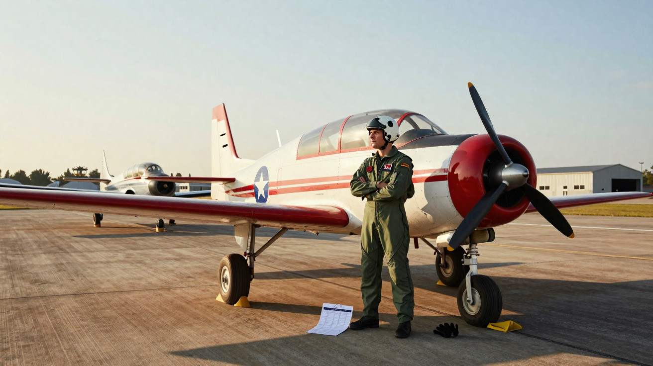 Piloto em traje verde e capacete branco posando ao lado de avião militar antigo em pista de aeroporto ao entardecer.