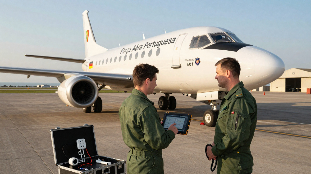 Dois militares portugueses em uniforme conversam diante de avião da Força Aérea Portuguesa no aeroporto.