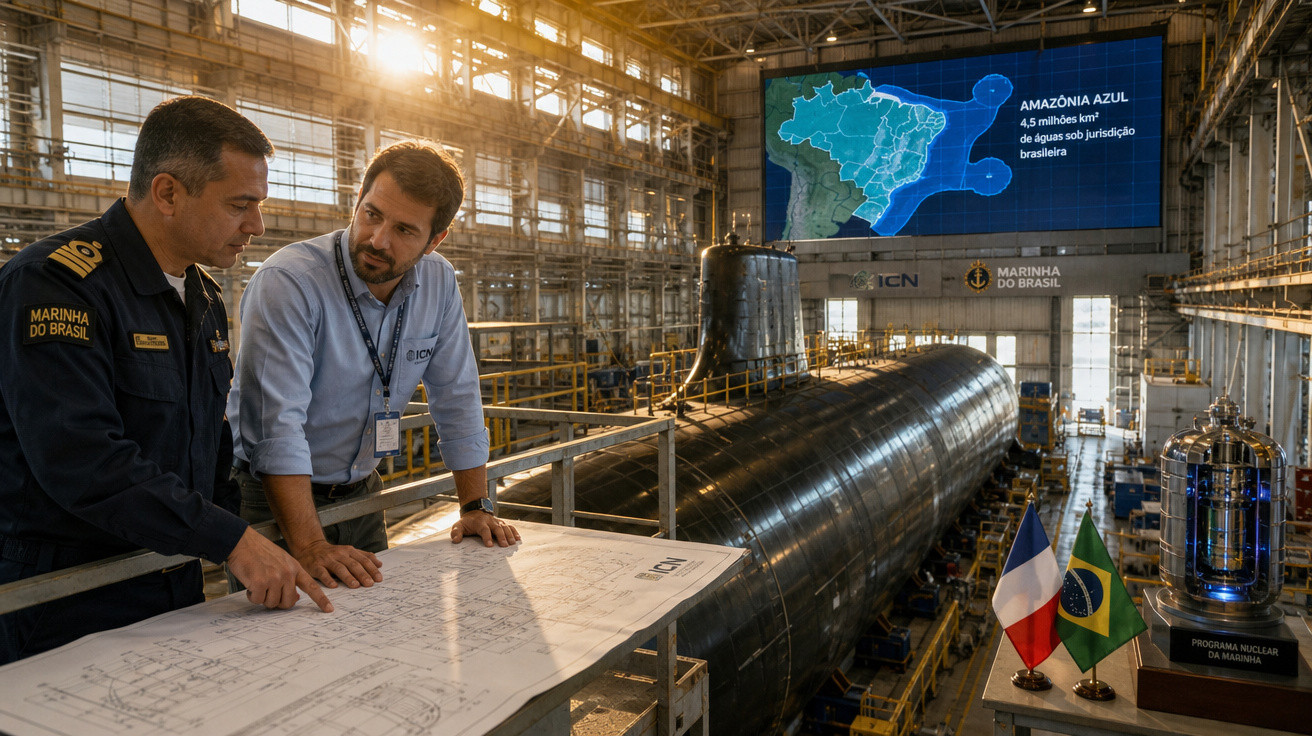 Dois homens analisam planta ao lado de submarino em hangar com mapa da Amazônia Azul ao fundo.