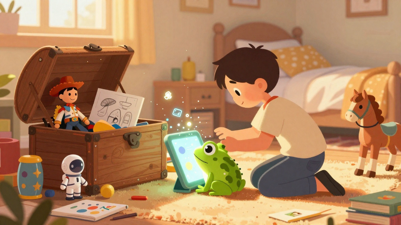 Criança ajoelhada interage com sapo verde e tablet mágico em quarto com brinquedos e baú aberto.