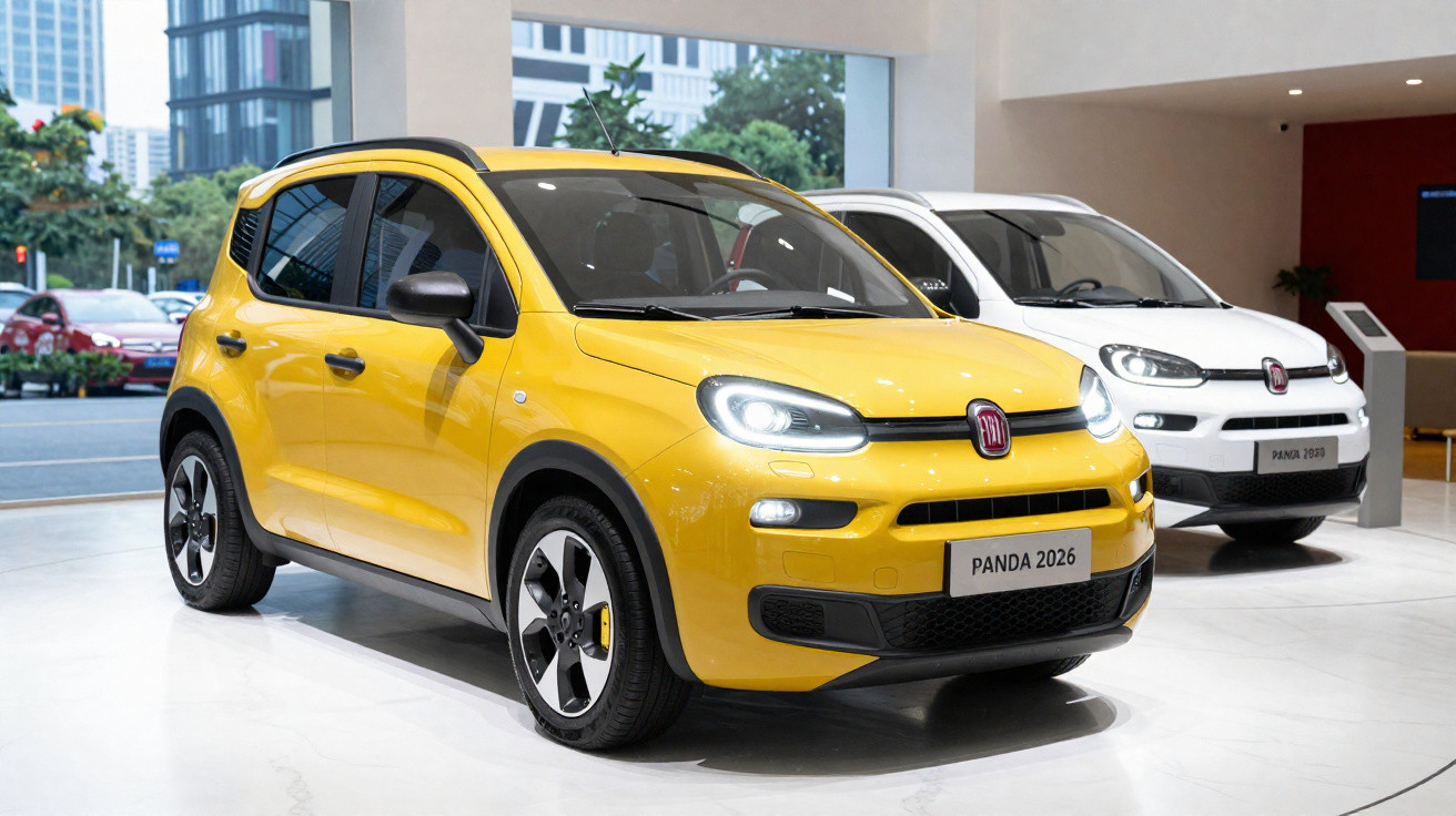 Dois carros Fiat Panda, modelo 2026 amarelo e branco, em exposição em ambiente interno moderno.