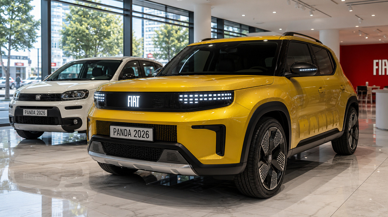 Dois carros Fiat Panda 2026 em showroom, destaque para o modelo amarelo à frente e branco atrás.