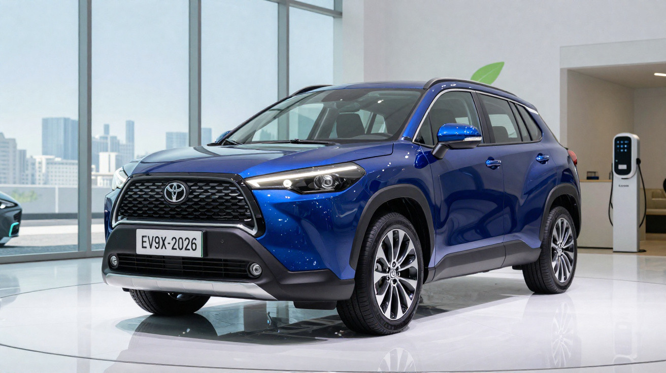 Carro SUV Toyota azul elétrico modelo EV9X-2026 exposto em ambiente interno moderno.