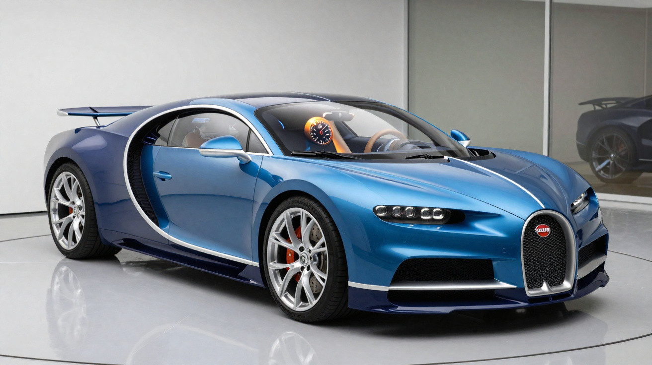 Carro esportivo azul Bugatti Chiron exibido em ambiente interno refletindo no chão brilhante.