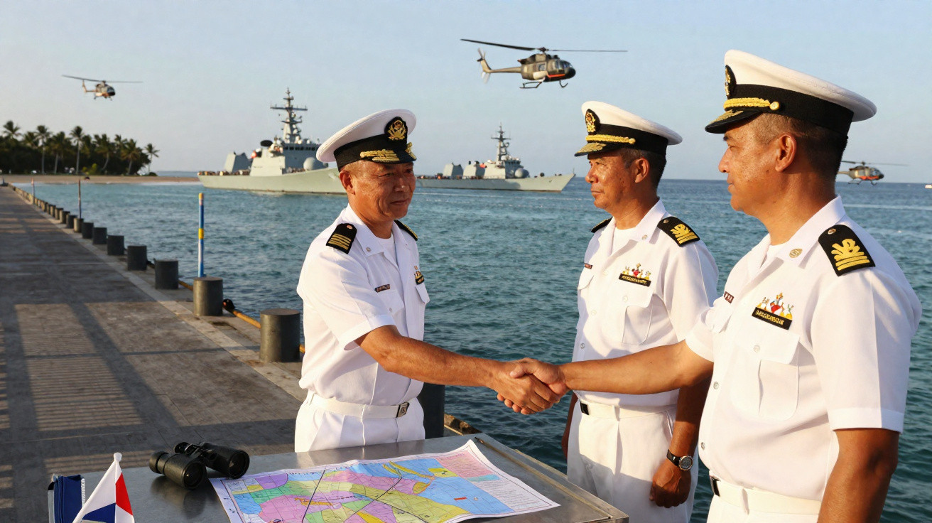 Três oficiais navais em uniforme branco apertam as mãos ao lado de um mapa, com navios e helicópteros no mar ao fundo.