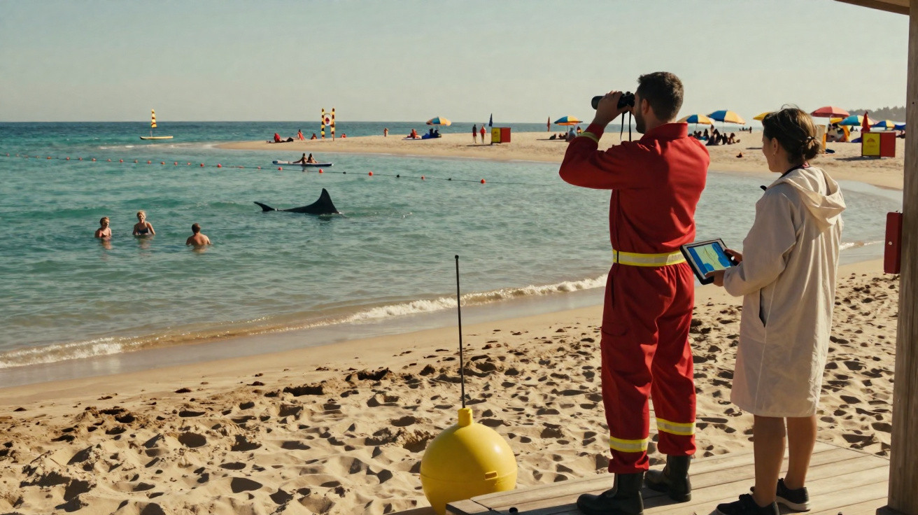 Dois salva-vidas observam praia com triângulo de boias e pessoas no mar, algumas próximas a nadadores.
