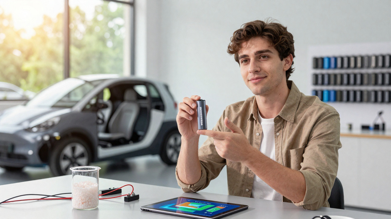 Homem segurando bateria recarregável, com carro elétrico e tablet ao fundo em ambiente iluminado.
