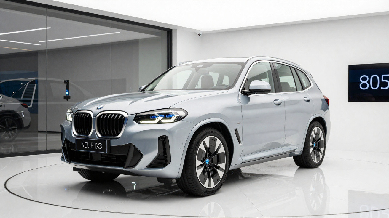 BMW Neue iX3 prata exibido em showroom moderno e minimalista com iluminação branca.