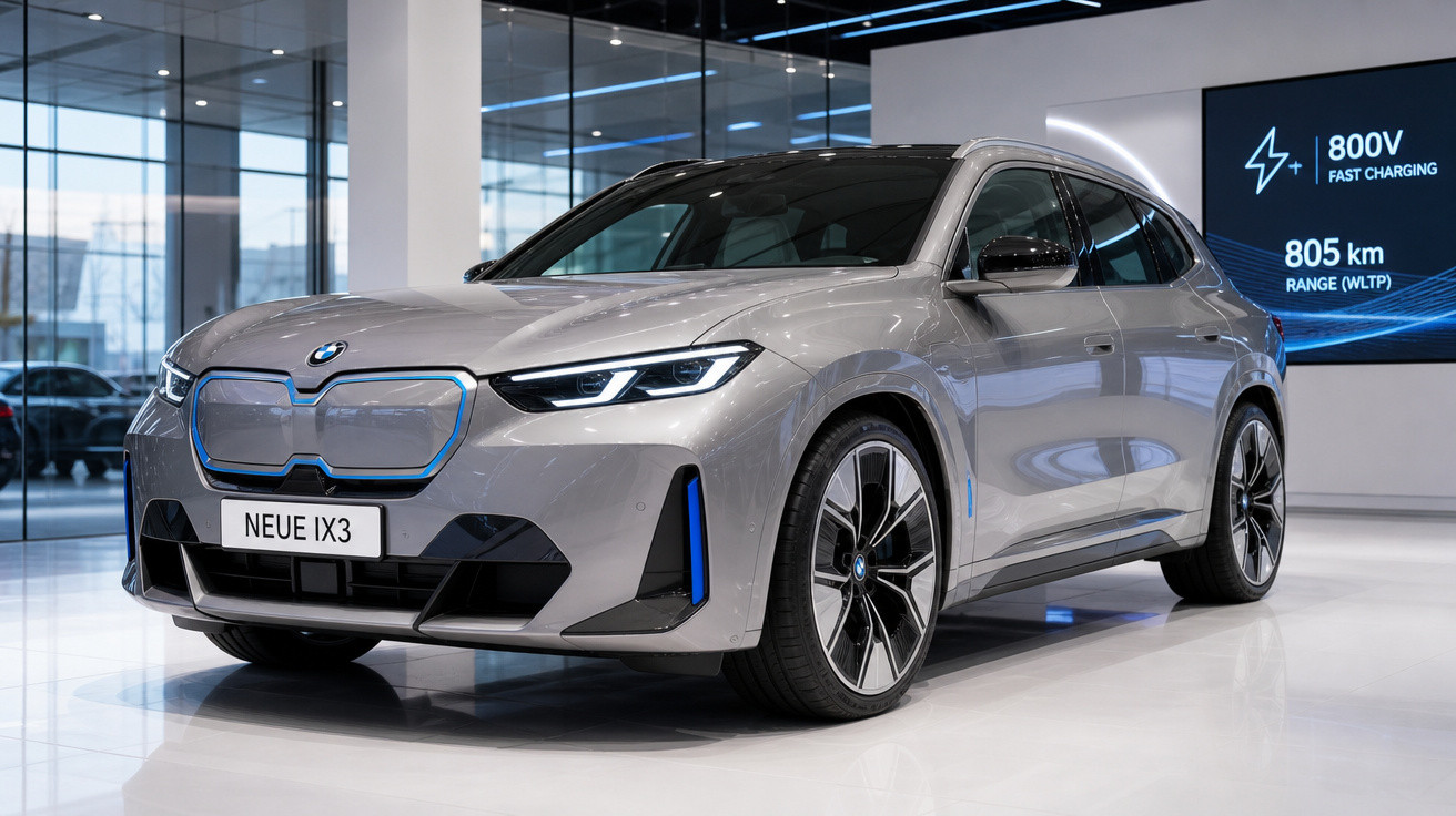 Carro elétrico BMW Neue iX3 prata exibido em showroom moderno com iluminação branca e vidro.