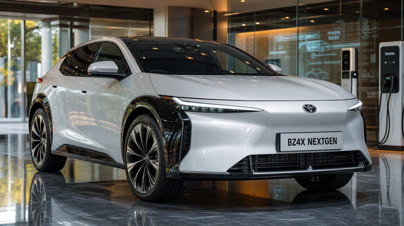 Carro elétrico Toyota BZ4X Nextgen branco exibido em showroom moderno com piso reflexivo.