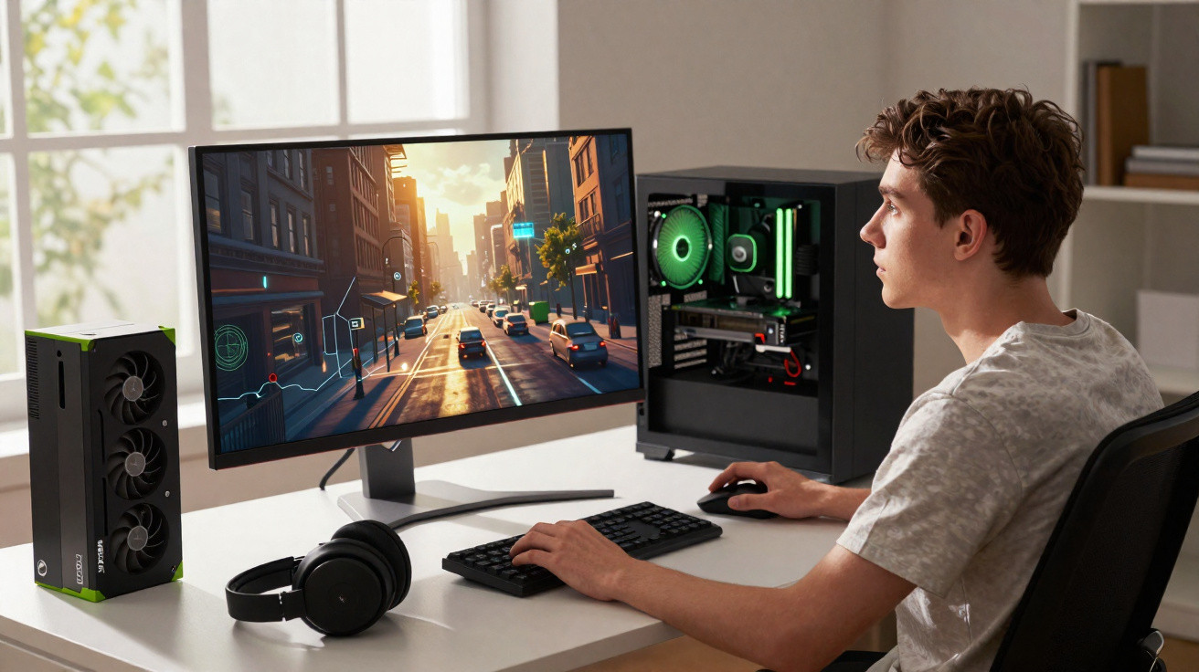 Jovem sentado em mesa jogando videogame em computador gamer com monitor e acessórios modernos.