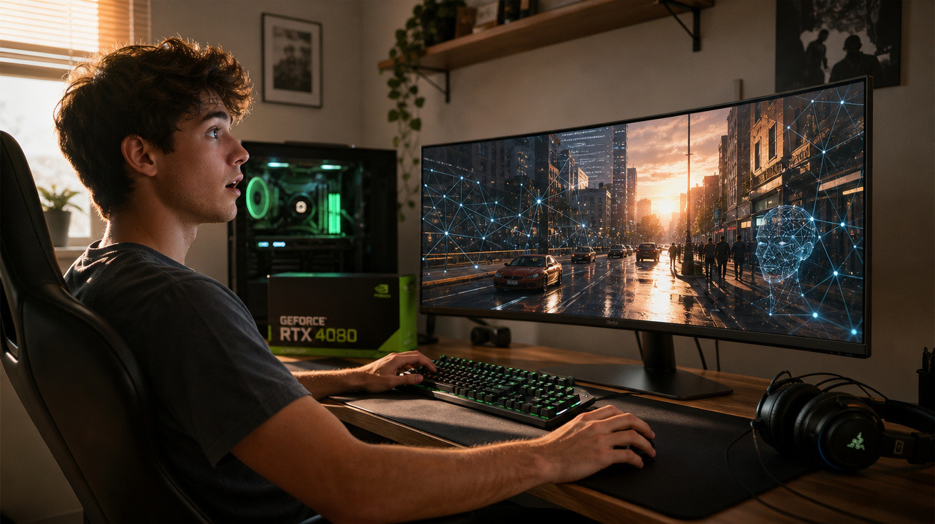 Jovem sentado em computador com teclado mecânico e monitor ultrawide exibindo cidade digital ao pôr do sol.