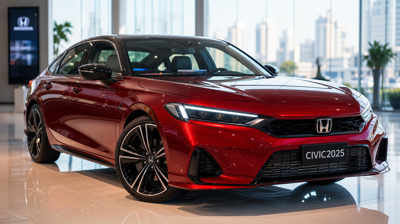 Carro Honda Civic 2025 vermelho exibido em showroom com janelas e vista urbana ao fundo.