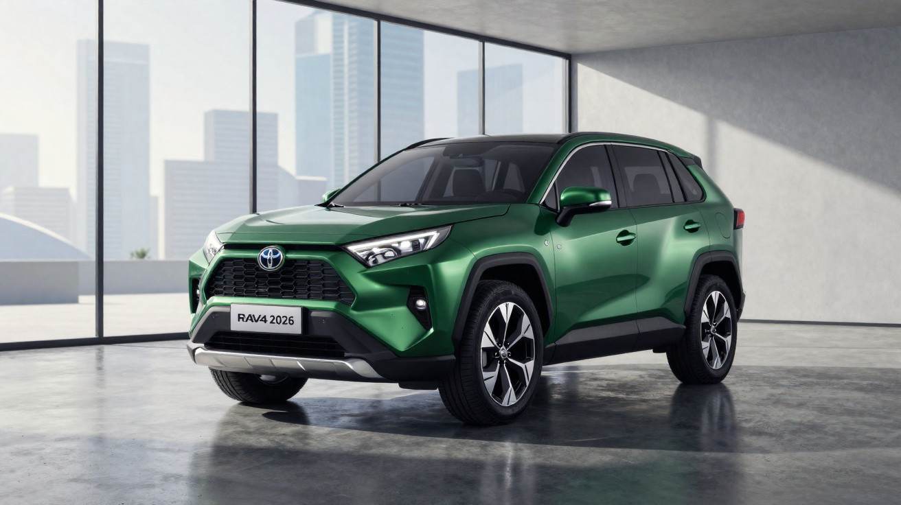 Carro SUV Toyota RAV4 2026 verde estacionado em ambiente interno moderno com janelas grandes.