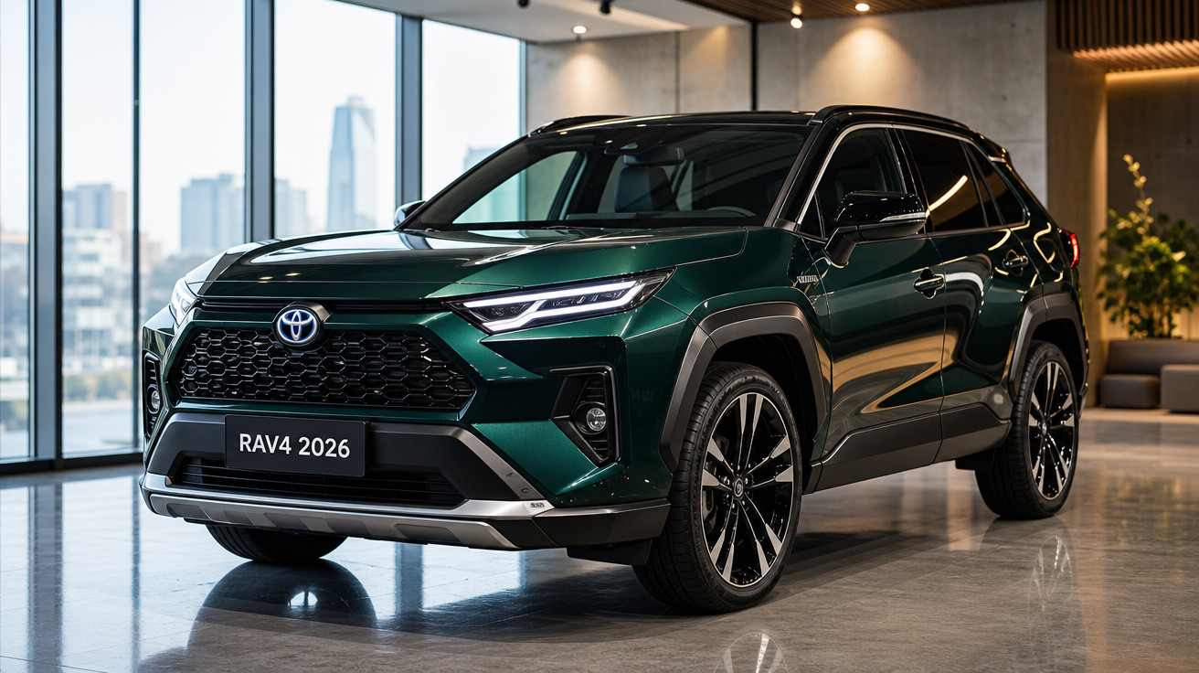 Carro SUV Toyota RAV4 2026 verde escuro em ambiente interno moderno com janelas grandes.