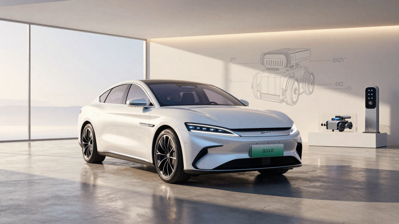 Carro elétrico branco em ambiente interno moderno com luz natural e design futurista.