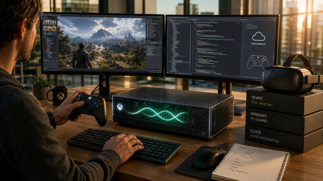Pessoa usando controle Xbox em estação de desenvolvimento de jogos com dois monitores e headset VR.