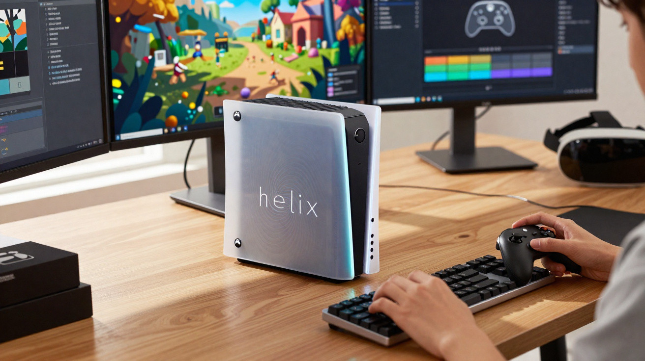 Computador compacto Helix sobre mesa com duas telas e pessoa usando teclado e controle de videogame.
