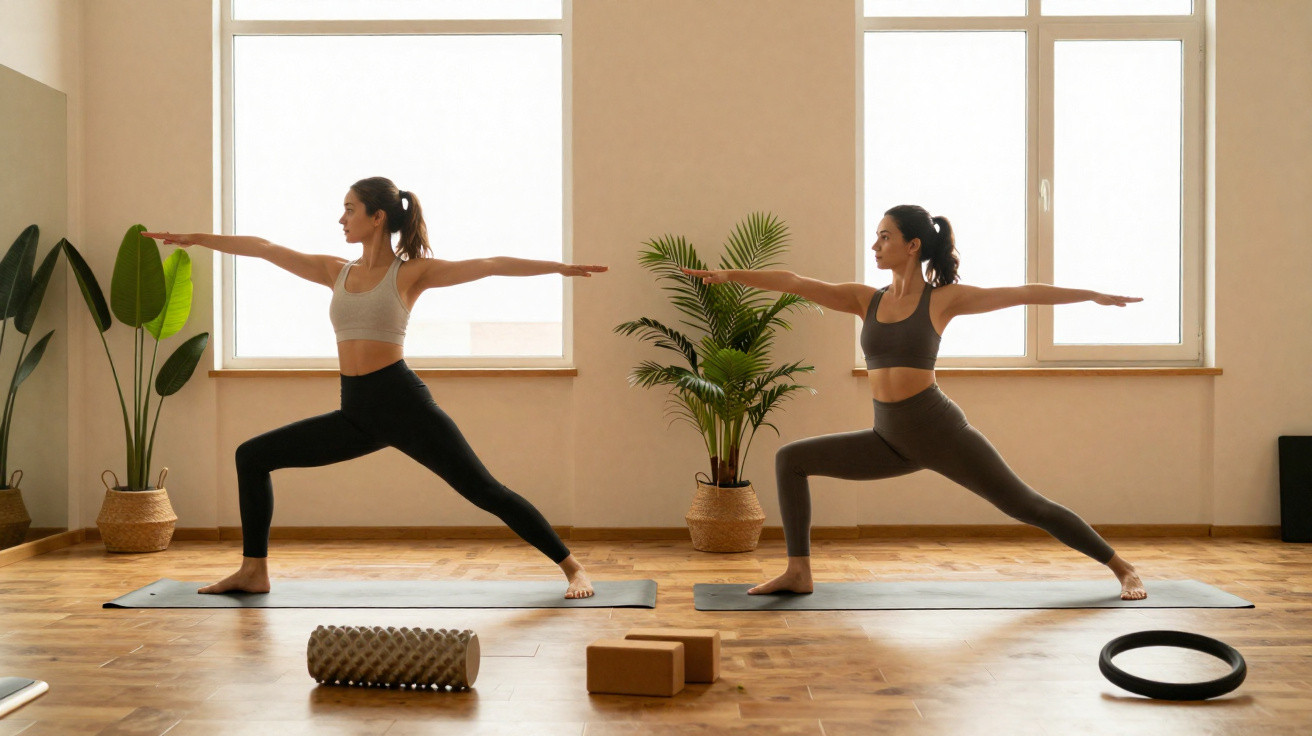 Duas mulheres praticando yoga na posição guerreiro em estúdio iluminado por janela grande.