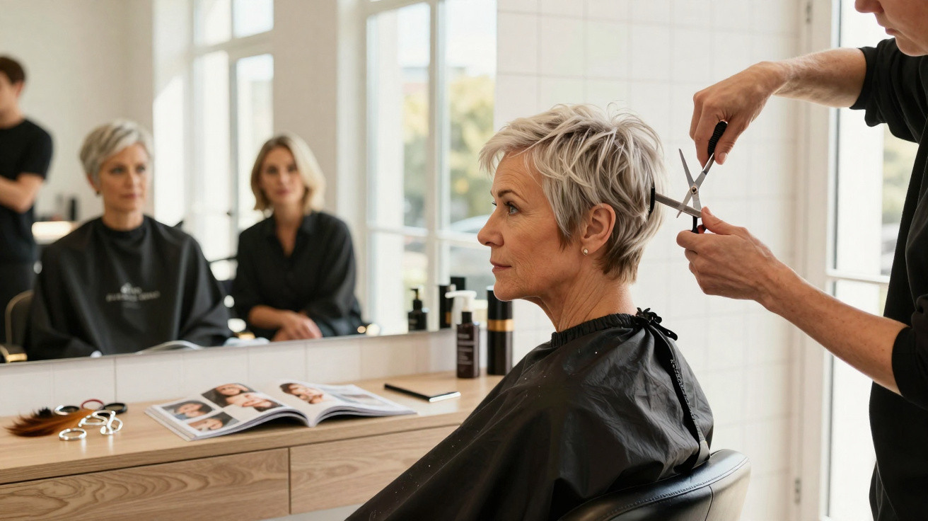 Mulher de cabelo curto loiro sendo atendida por cabeleireiro em salão moderno com espelho grande.