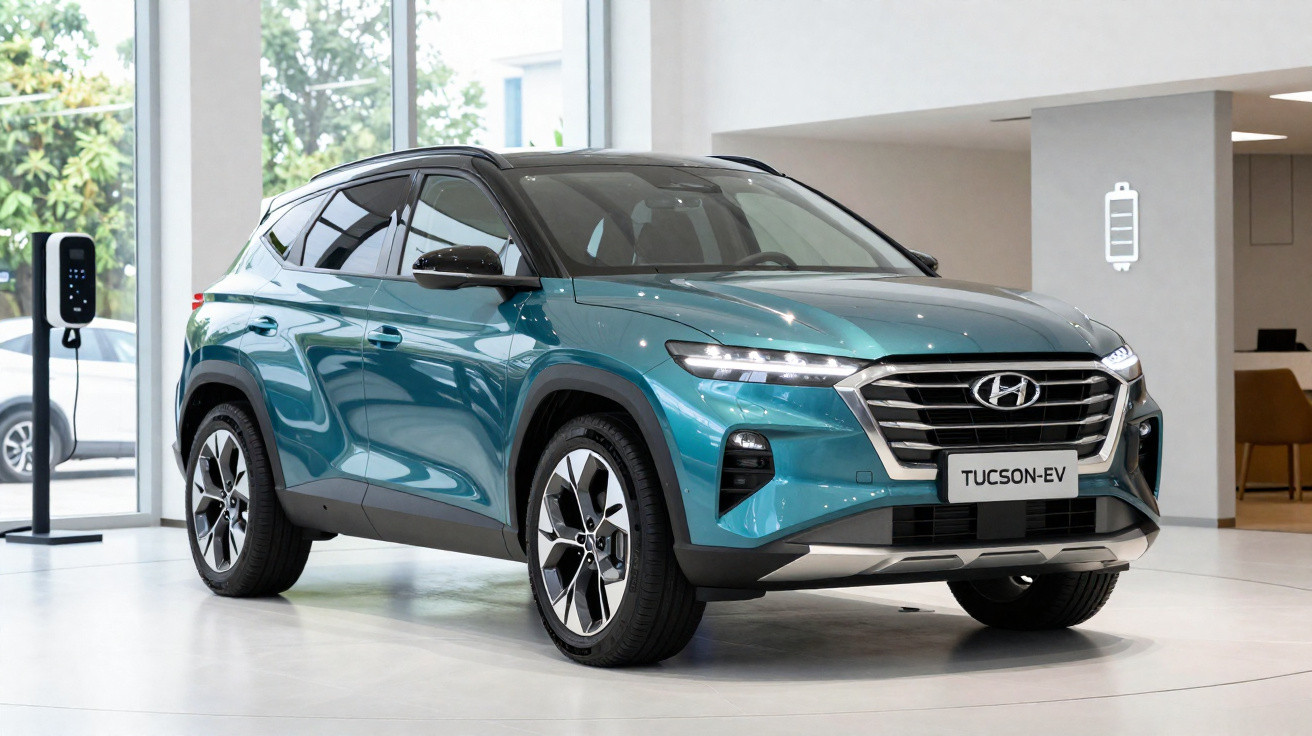 SUV elétrico Hyundai Tucson EV verde em showroom moderno com estação de recarga ao fundo.