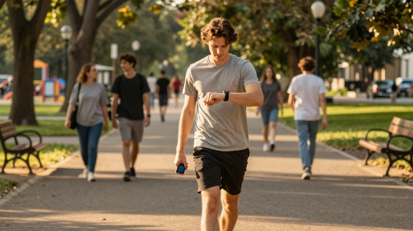 Jovem caminhando em parque olhar no relógio enquanto segura celular em dia ensolarado com outras pessoas ao fundo.